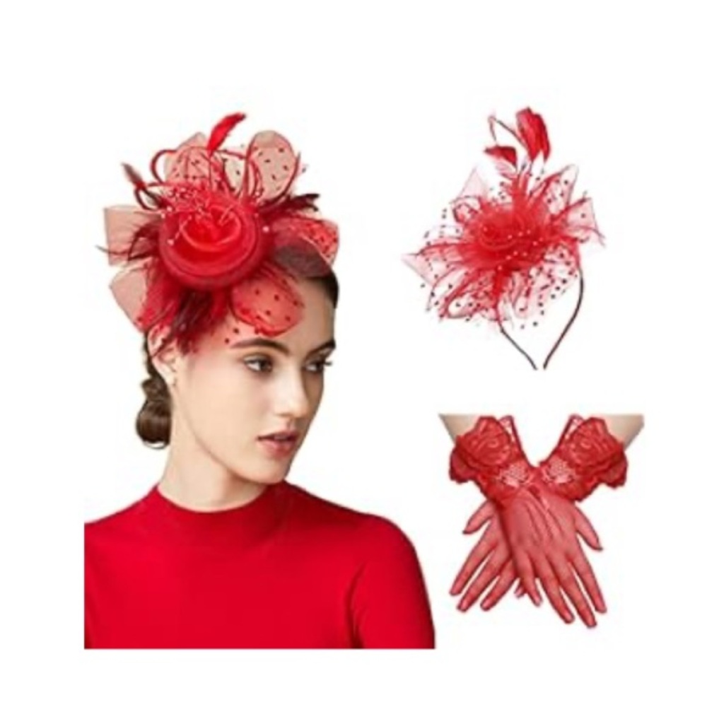Elegant Red Fascinator with Gloves